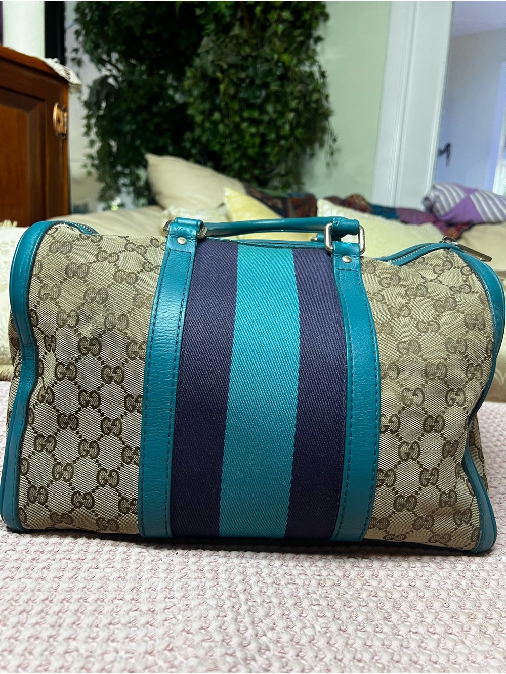 Gucci Vintage Web GG Canvas Turquoise Boston Bag 247205
